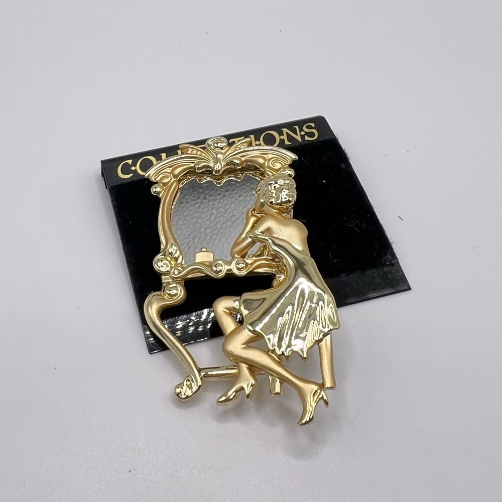 AJC Art Deco Gold Tone Woman Mirror Brooch Pin NWT